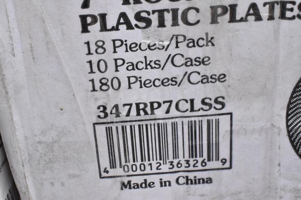 Cardboard box label showing 18 plastic plates per pack, 10 packs per case, 180 pieces total. Includes barcode and "Made in China."