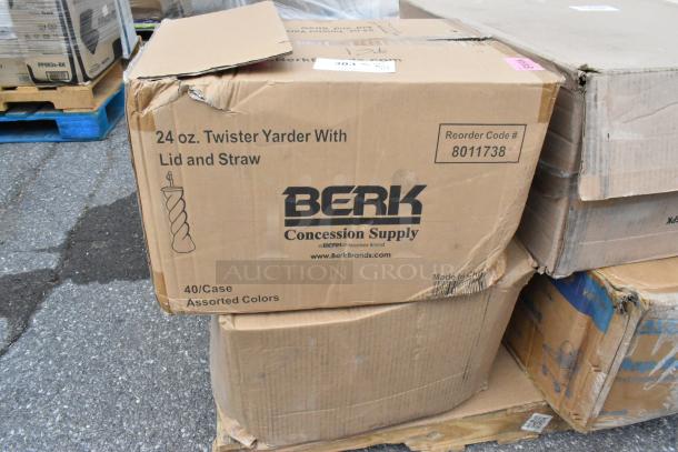 Damaged box of Berk Concession Supply, 24 oz. Twister Yarder with Lid and Straw, Reorder Code 8011738, assorted colors.