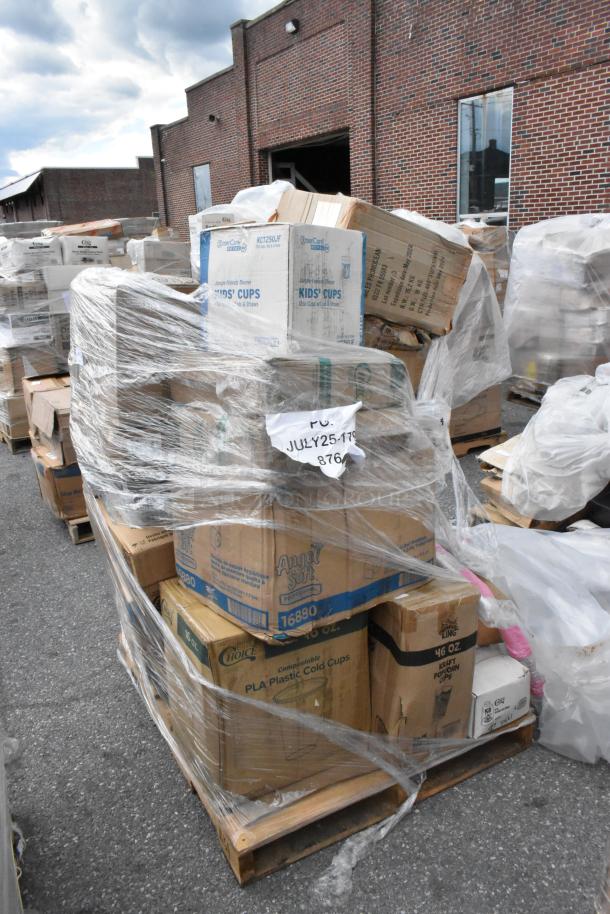 Pallet with brand new items, including popcorn cups, ice bags, gloves, trash bags, cold cups. Boxes are shrink-wrapped.