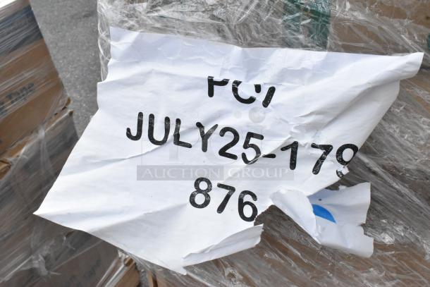 30 brand new scratch and dent items, including popcorn cups, ice bags, gloves, trash bags, and cold cups. Packaging label reads "JULY25-179" and "876".
