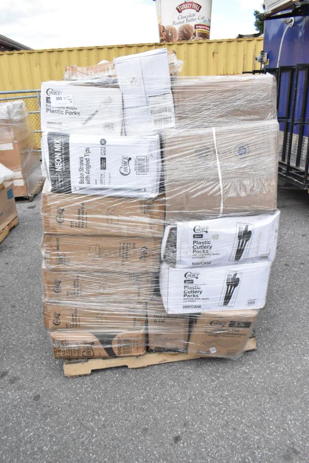 Pallet with boxed, brand new Choice cutlery packs, boba straws, and deli containers wrapped in clear plastic.