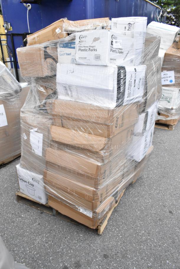 Pallet of 38 new scratch-and-dent items, including to-go containers, T-shirt bags, cutlery sets, and paper towels, wrapped in plastic.