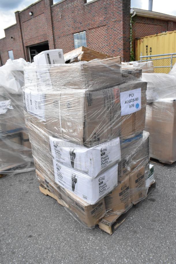 Plastic-wrapped pallet of 38 brand new scratch and dent items, including plastic cutlery packs and labeled boxes.