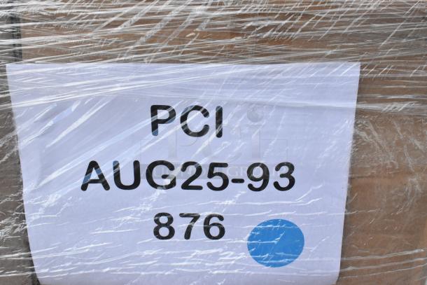 Pallet with 38 new scratch and dent items, including to-go containers and cutlery, wrapped in plastic. Marked "PCI AUG25-93 876."