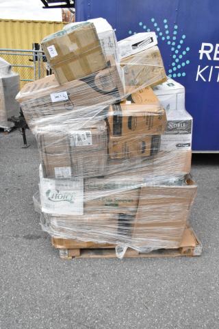 Pallet of 33 scratch and dent items including lids, gloves, T-shirt bags, trash bags, napkins, cutlery, sealed in shrink wrap.