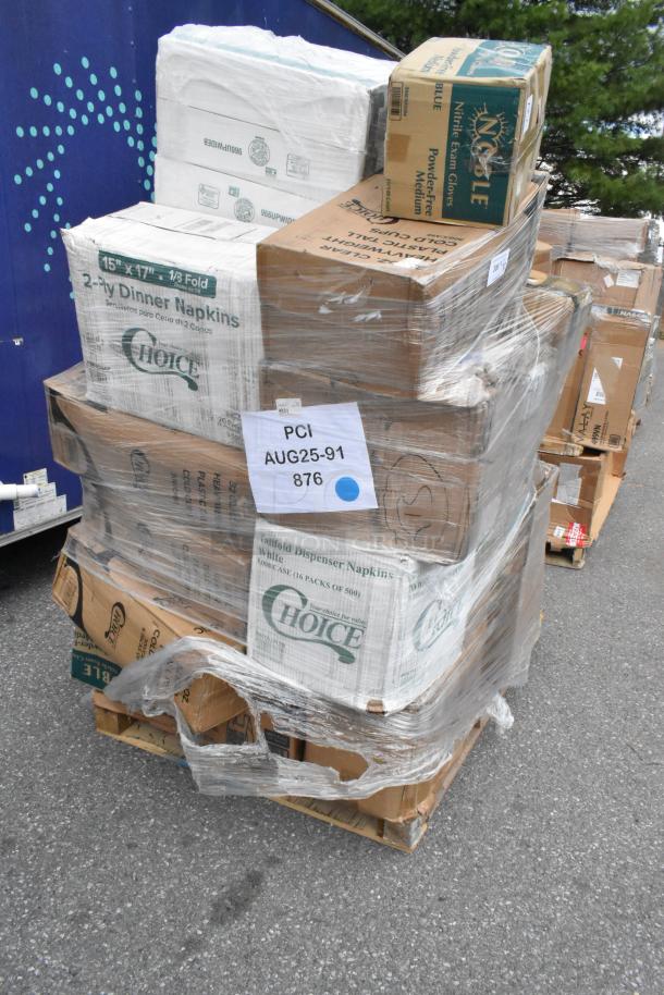 Pallet of assorted new items including napkins, gloves, and bags. Boxes have visible labels and signs of light damage.