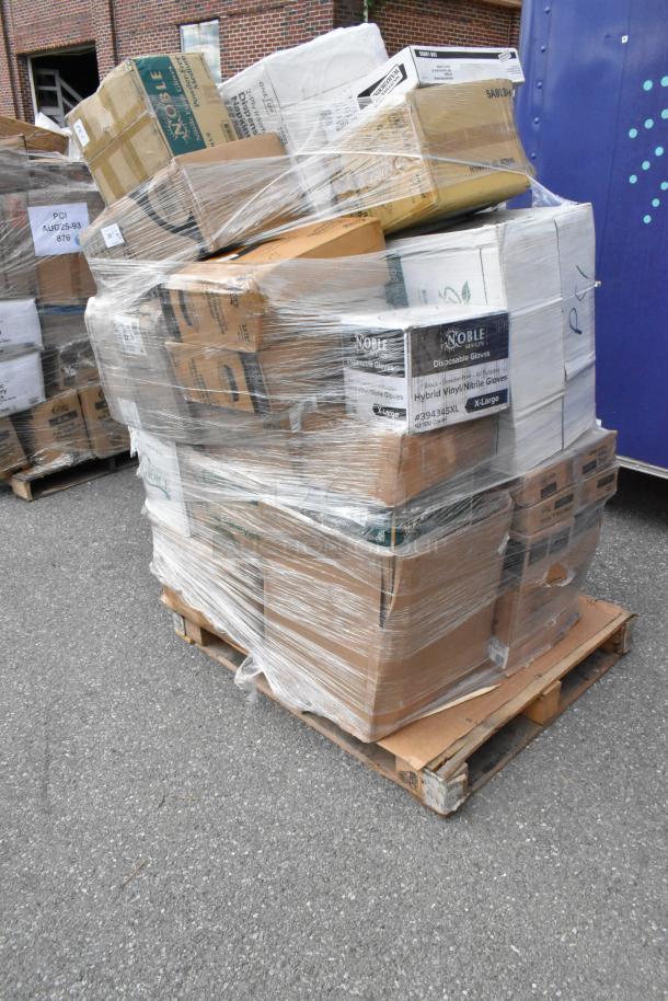 Pallet of 33 scratch and dent boxes with lids, gloves, bags, trash bags, napkins, cutlery, wrapped in clear plastic.