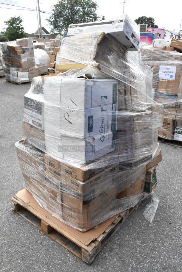 Pallet with 33 assorted scratch and dent items wrapped in plastic, including boxes of gloves, lids, bags, and cutlery. Markings visible.