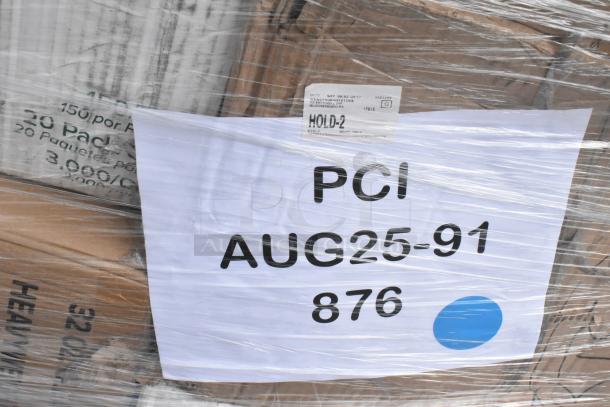 Pallet with assorted scratch and dent items including lids, gloves, T-shirts, trash bags, napkins, cutlery. Label reads "PCI AUG25-91 876."
