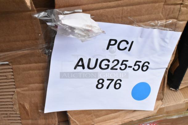 Cardboard box with label reading "PCI AUG25-56 876" and secured with tape. Contains 8 new scratch and dent items.