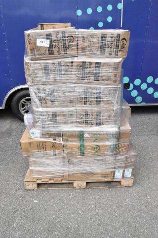 Pallet with 32 boxed scratch and dent items including to-go containers, food cups, t-shirt bags, bowls, wrapped in shrink wrap.