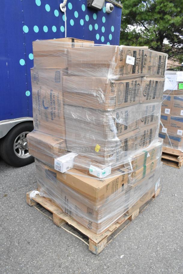 Pallet of 32 brand new scratch and dent items, including to-go containers, food cups, T-shirt bags, bowls, and shrink wrap.