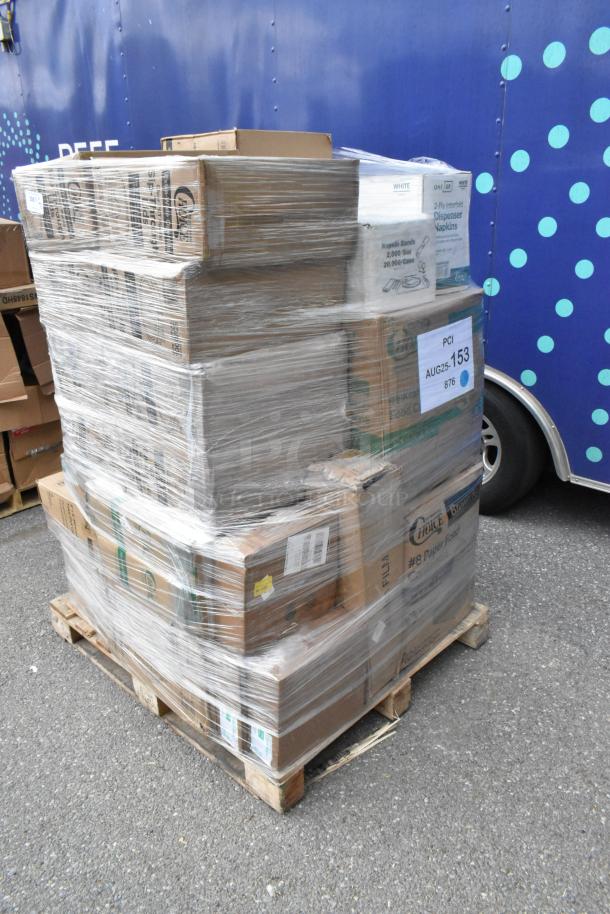 Shrink-wrapped pallet with assorted new scratch and dent items including to-go containers, food cups, T-shirt bags, and bowl.