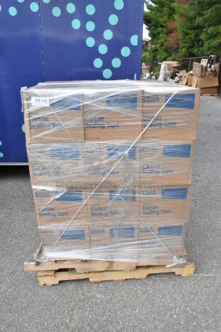 Pallet of Lavex carton sealing tape boxes, wrapped, labeled as new, scratch and dent. Auction item 47 times bid value.
