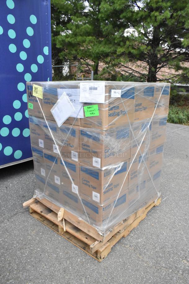 Crate of Lavex 1.8 Mil Acrylic Carton Sealing Tape, 36 per case, on a pallet, new and wrapped in plastic.
