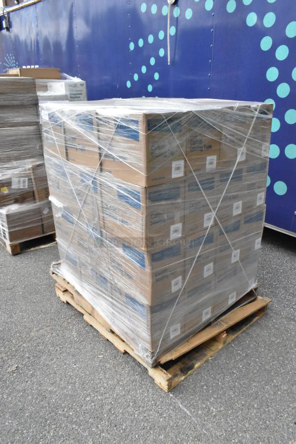 Palette of Lavex carton sealing tape boxes, 47 in total, shrink-wrapped, showing product labels.