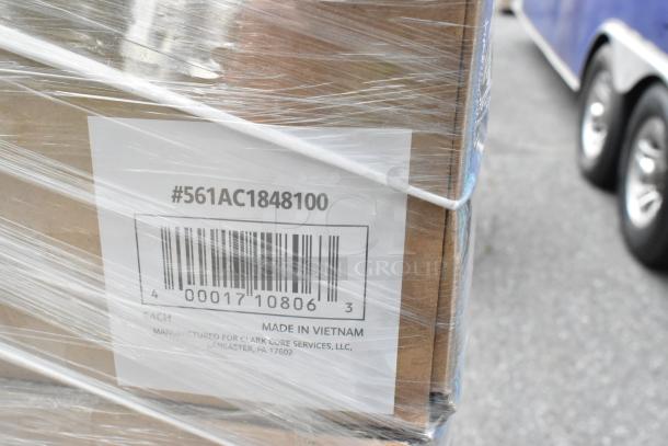 Clear shrink-wrapped pallet displaying Lavex carton sealing tape box with barcode and product code #561AC1848100.