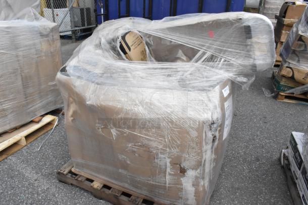 Wrapped pallet with 15 new scratch and dent items, including straws, hot cups, grinder, bakery boxes, and to-go containers.