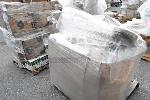 Pallet wrapped with assorted new scratch and dent catering supplies, including straws, hot cups, and bakery boxes.