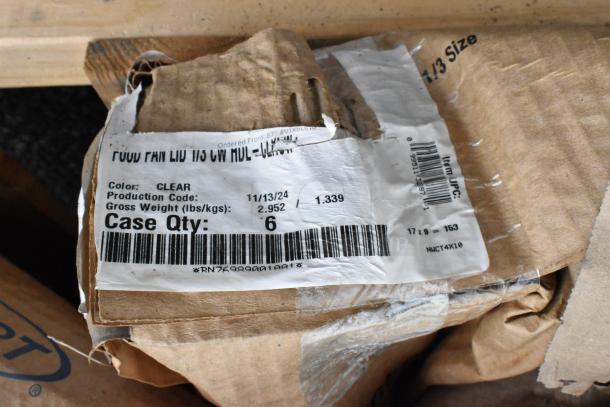 Label on a package of new food pan lids, showing product details: color clear, production code 11/13/24, case quantity 6.