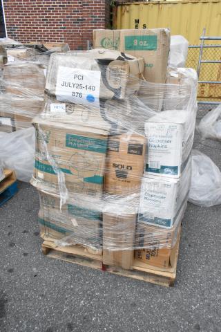 Shrink-wrapped pallet of 27 new scratch and dent items including lids, towels, cups, foil pans, and popcorn bags.