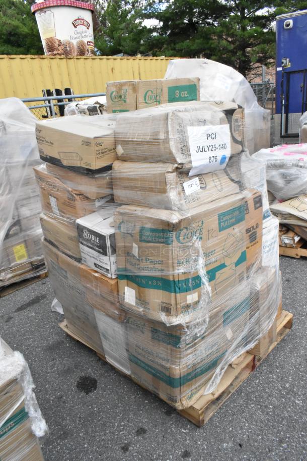 Pallet of 27 scratched and dented items including foil steam pans and popcorn bags, packaged and labeled for auction.