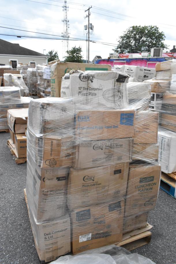 Pallet wrapped with boxes of brand new kitchen supplies, including lids, towels, cold cups, and more. Some are scratch and dent.