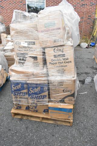Pallet of assorted items including Scot Shop towels, Choice hot cups, and Lavex paper towel rolls, new and wrapped in plastic.