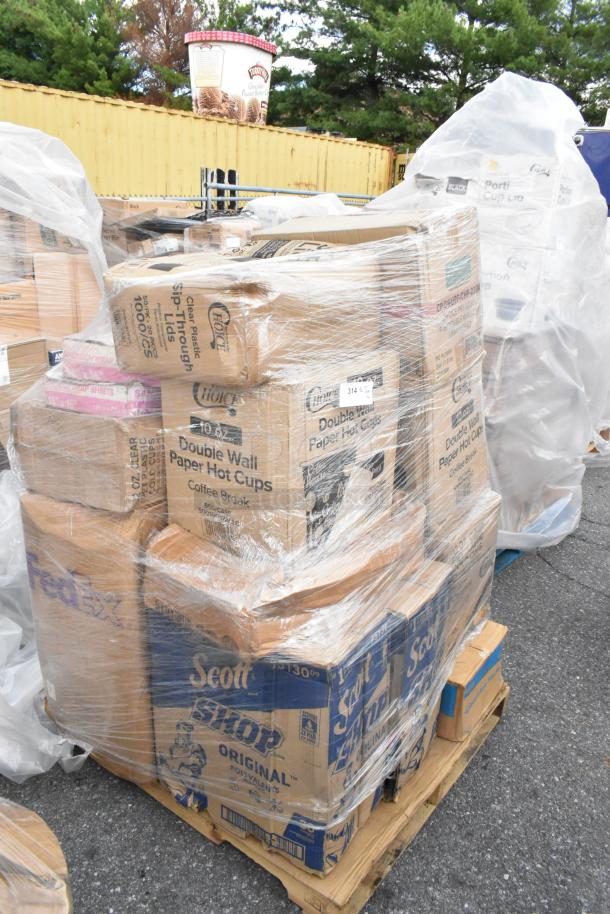 Plastic-wrapped pallet of assorted items, including Scott Shop Towels and Choice Hot Cups, in new condition.