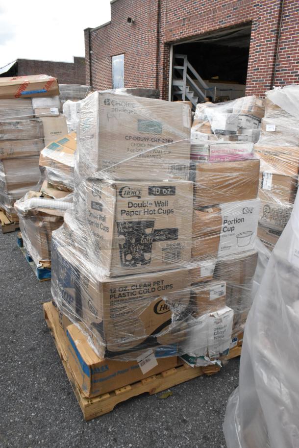 Pallet of 22 brand new scratch and dent items including paper towels, table covers, and cups. Items wrapped in plastic.