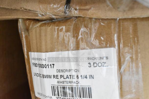 Cardboard box with label: Vendor Stk No F8010000117, Description "UNDEC BWW RE Plate 6 1/4 In," Pack/Units 3 Doz, Made in China.