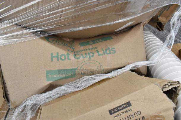 Boxes of Choice compostable hot cup lids, 8 oz, translucent. New in packaging with minor box damage.