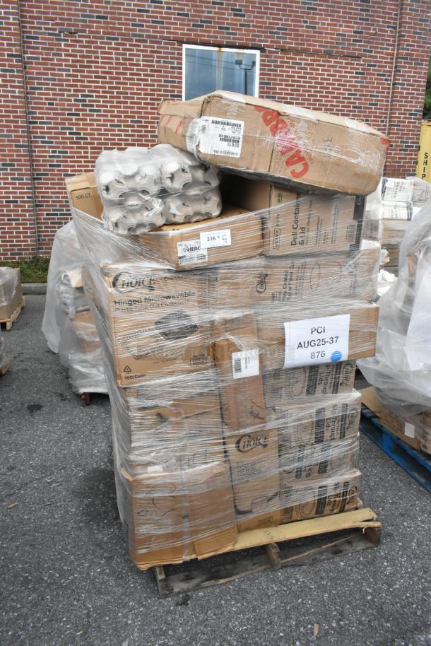 Pallet of scratch and dent items, including containers, glassine bags, cold and cone cups. Wrapped in plastic with labels visible.
