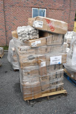 Pallet of scratch and dent items, including containers, glassine bags, cold and cone cups. Wrapped in plastic with labels visible.
