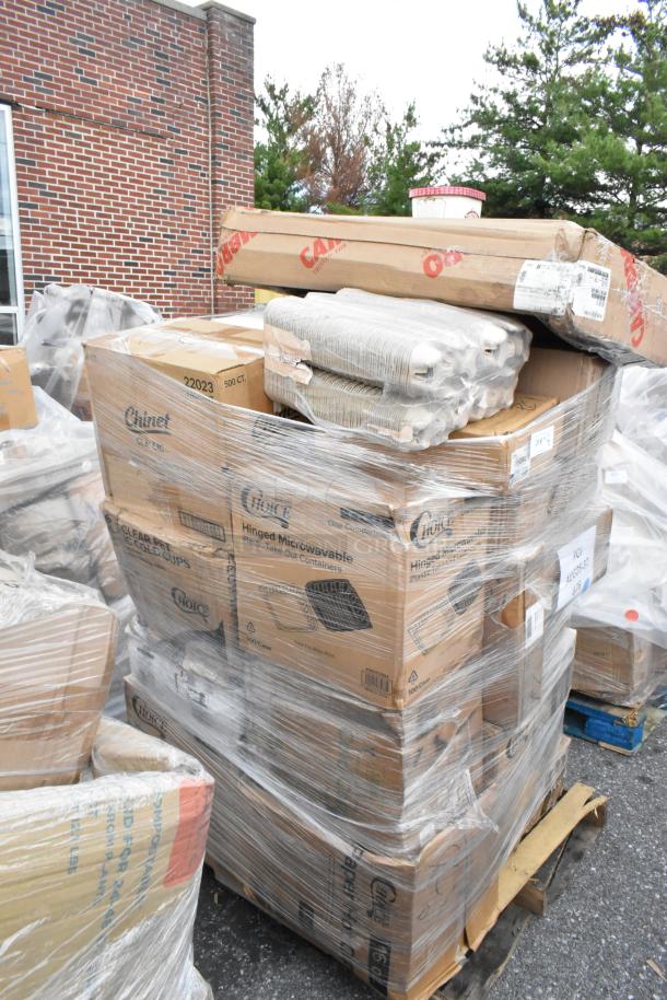 Pallet of assorted brand new items with visible Chinet, Huhtamaki, and plastic containers labels, wrapped in plastic.