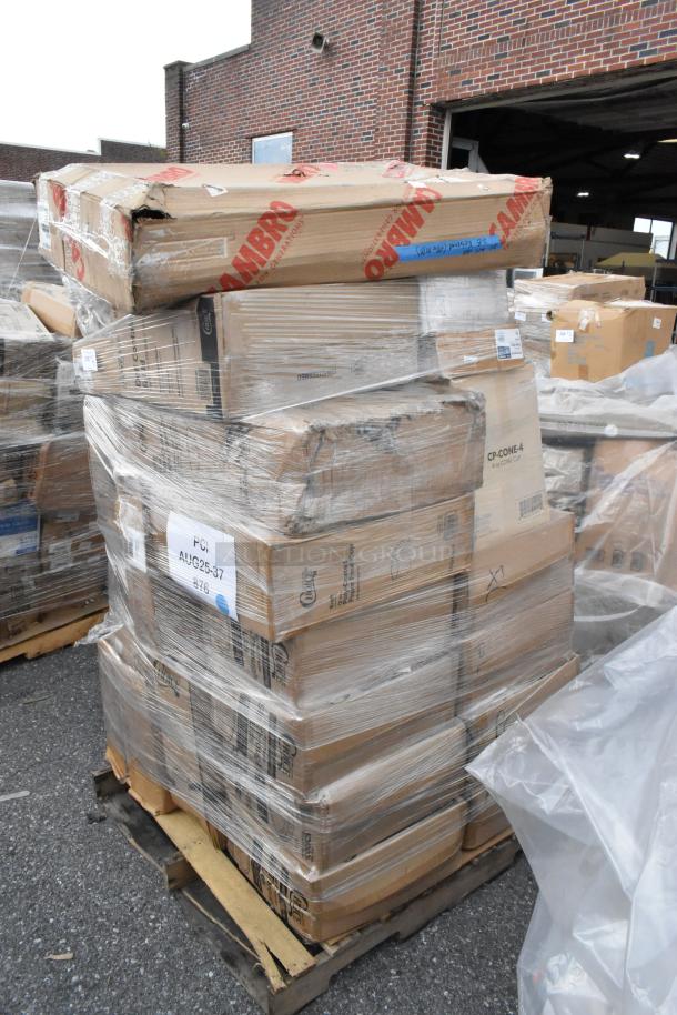 Pallet of 31 scratch and dent items including containers and cups, wrapped in plastic. Damaged boxes visible, Cambro markings.