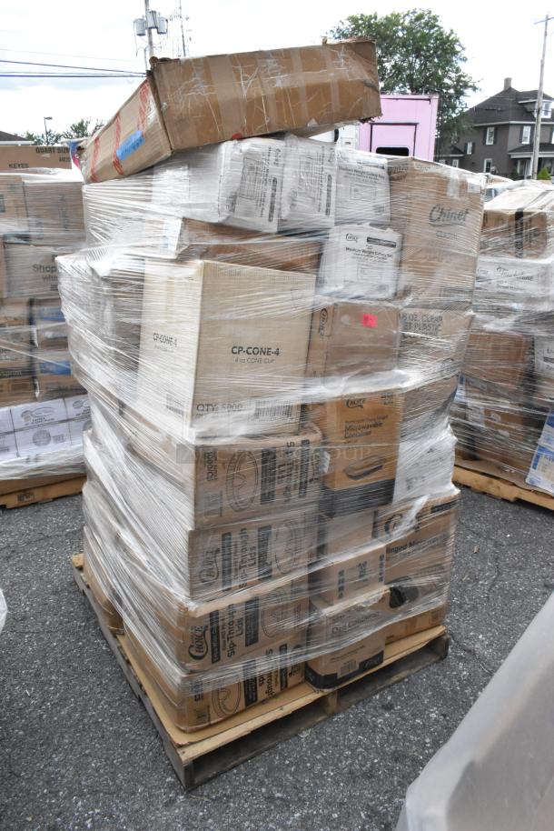 Pallet of 31 new "scratch and dent" items including containers, glassine bags, cold cups, and cone cups, wrapped in plastic.