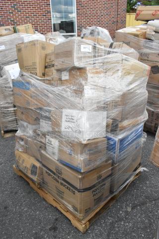 Pallet of 40 new scratch and dent boxes with table covers, lids, cups, bakery wrap, plasticware, wrapped in plastic.