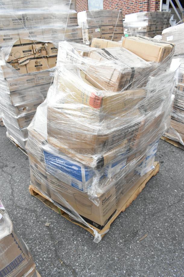Pallet of 40 new scratch and dent items including table covers, lids, cups, bakery wrap, and plasticware wrapped in plastic.