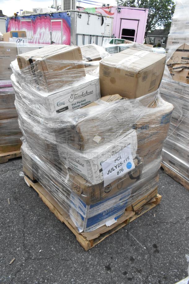 Pallet of 40 brand new scratch and dent items, including table covers, lids, cups, and plasticware, wrapped in plastic.