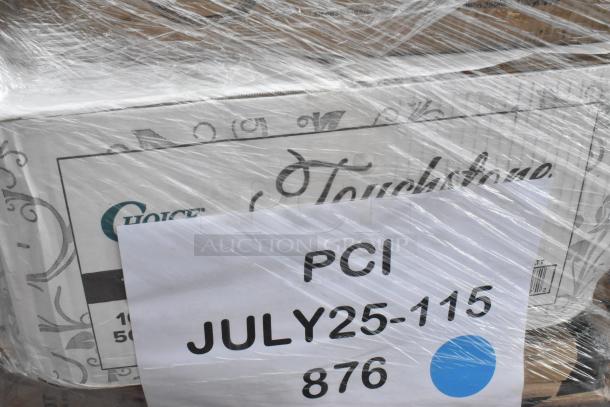 Pallet of new scratch and dent items, including table covers and plasticware, wrapped in plastic. Visible markings: "PCI JULY25-115 876".