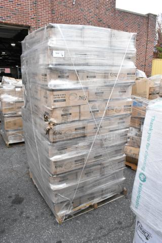 116 boxes of Choice wide mouth lids and bands for canning jars, sealed on a pallet. Scratch and dent condition.