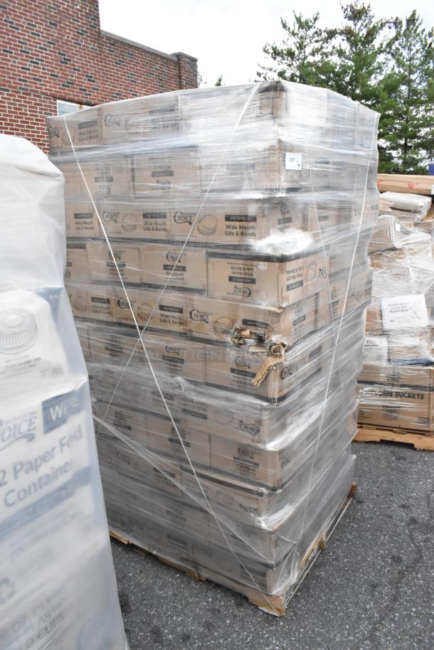 Pallet of 116 boxes of Choice wide mouth lids and bands for canning jars, wrapped in plastic, marked as scratch and dent.
