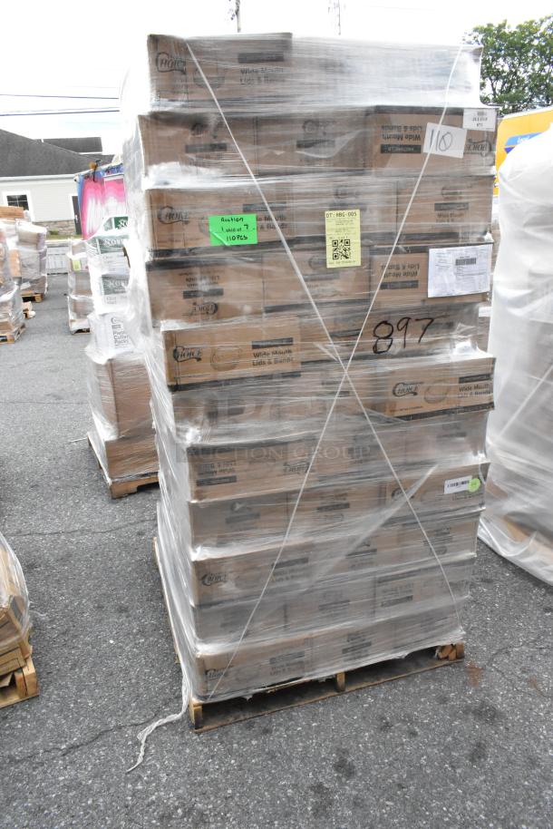 116 sealed boxes of Choice Wide Mouth Lid and Bands for canning jars on a pallet. New scratch and dent condition.
