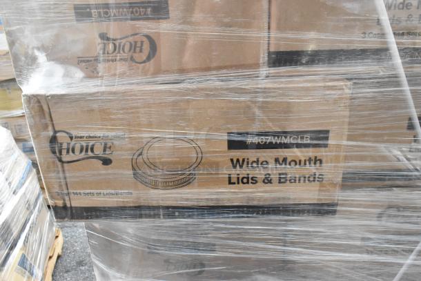 116 boxes of Choice Wide Mouth Lids and Bands for canning jars. Brand new, scratch and dent condition, each box contains 48 packs.