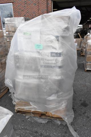 Pallet wrapped in plastic containing new scratch and dent items: foam cups, to-go containers, plates, teaspoons, cold cups, and towels.