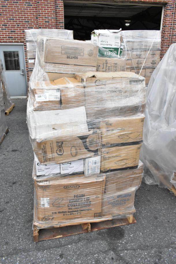 Large pallet of mixed catering supplies, including insulated containers and disposable utensils. Items new with minor dents.