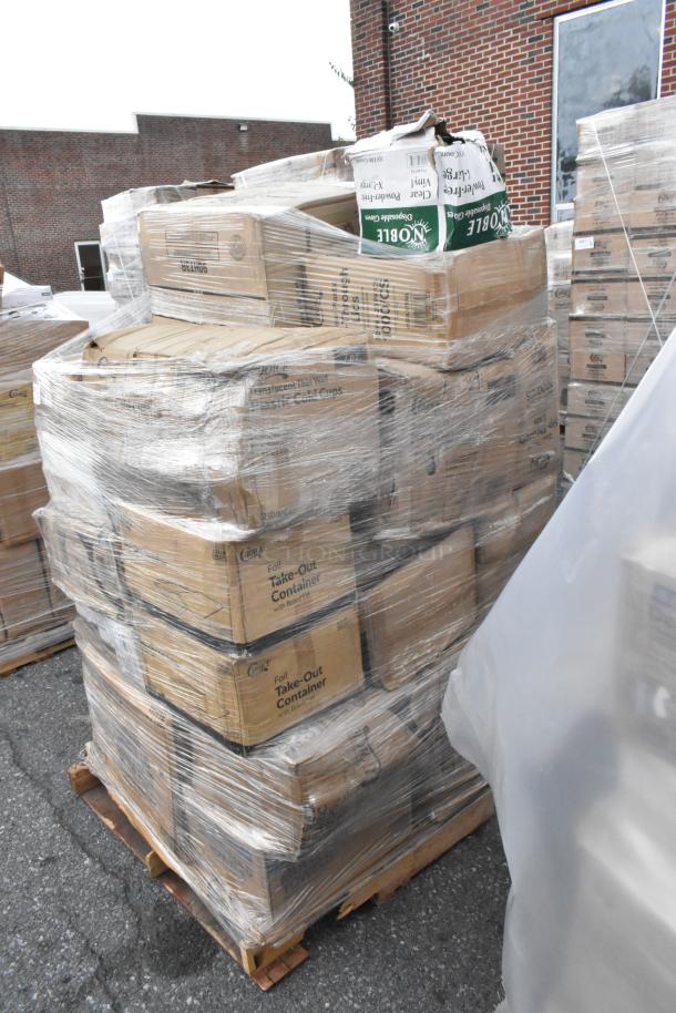 Pallet of 30 brand new "scratch and dent" items, including labeled boxes of take-out containers and cold cups, wrapped in plastic.
