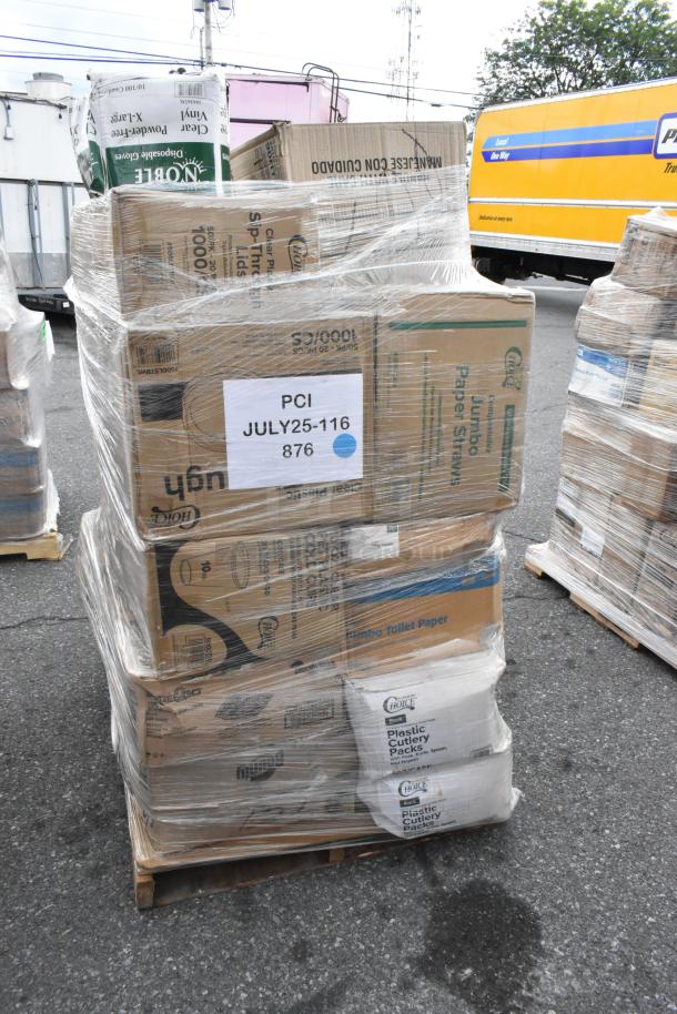 Pallet of 30 mixed new scratch and dent items: to-go containers, plates, forks, cold cups, straws, and lids.