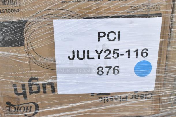 Pallet with scratch and dent items; contains assorted to-go containers, plates, forks, cups, straws, lids. Label reads "PCI JULY25-116 876".